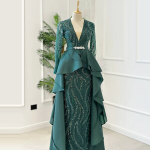 Arab Dubai Green Beaded Lace Evening Dress Long Sleeve Ball Dress Crystal Formal Occasion Dress Wedding Party Dress Customized