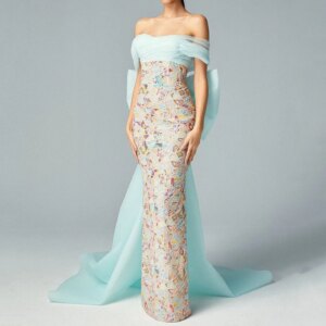 Classy Blue Women Prom Dresses Floor Length Straight Bow Strapless Colorful Geometry Sweet Female Banquet Evening Party Gowns