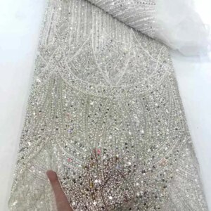 Luxury Full Beads And Sequins Lace Fabric 2025 White Lace African Lace Material DIY Accessory For Wedding Dress Evening Gowns