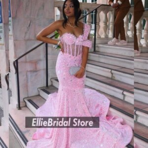 Sequin Pink Prom Dresses 2025 For Black Girls One Shoulder Mermaid Party Dress Crystal Black Girl Evening Gowns Customized