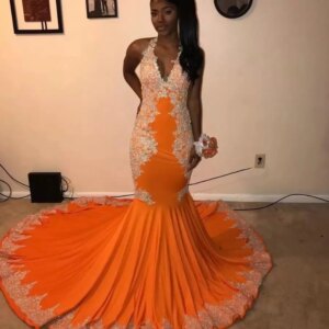 Sexy Orange Mermaid Women Prom Dress 2025 Lace Applique Beads Halter Black Girls Evening Birthday Party Gowns Robe De Soiree