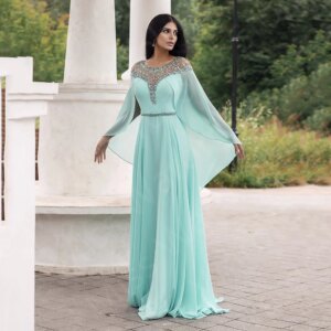 Latest Sky Blue Evening Dresses Arabic Chiffon Prom Party Gowns Illusion Round Neck Wedding Guest Dresses 2024 Beading Back