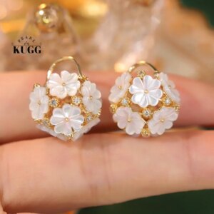 KUGG 100% 18K Yellow Gold Earrings Real Natural Diamond Hoop Earrings for Women Romantic Flower Design High Wedding Jewelry