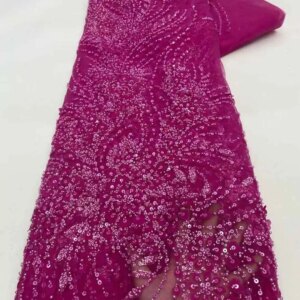 African Nigerian Tulle Lace Fabric Sequins Sewing Beads Sequins Embroidery Dresses High Quality 2025 5 Yards Wedding Dress