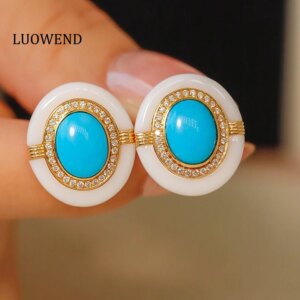 LUOWEND 100% 18K Yellow Gold Earrings Luxury Vintage Style Real Natural Turquoise Stud Earrings for Women High Party Jewelry