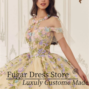 Customized champagne Quinceanera Dresse delicate Colorful flower stickers Detachable cloak Prom Gown vestidos de 15 quinceañeras