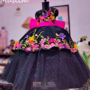 Mexican Black Flower Girls Dress Embroidery Elegant Kids Pageant Dress Short Sleeve Little Girls Birthday Party Customized