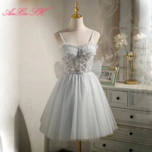 AnXin SH princess grey lace short party spaghetti strap sleeveless beading crystal big bow lace up customized evening dress