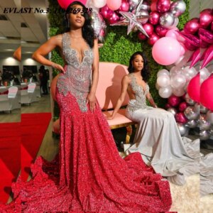 EVLAST Customized Luxury Bight Pink Sequins Mermaid Prom Dress For Black Girls Silver Diamonds Crystal Beaded Evening Gown E3P45