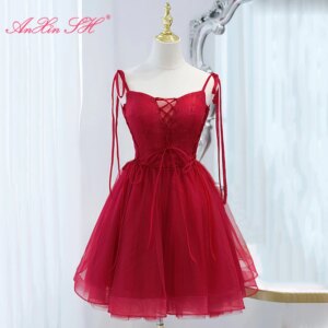 AnXin SH princess wine red flower lace bow spaghetti strap beading crystal party short customized evening dress little red dress