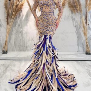 Feathers Abendkleider 2023 Dubai Luxury Evening Dress Long Sleeve Mermaid Heavy Beaded Crystals Arabic Wedding Party Prom Dress