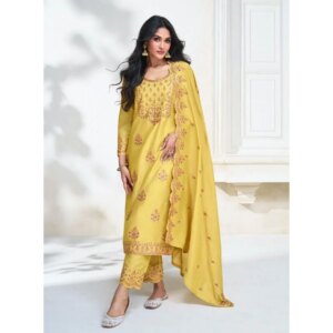 Yellow Color Designer Salwar Kameez Trouser Pant Suit with Heavy Dupatta