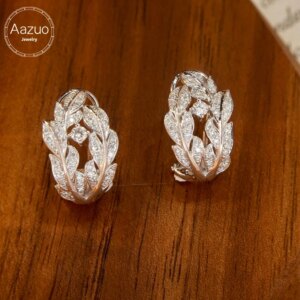 Aazuo 18K White Gold Real Diamond Luxury Leaves Jewerly Set Earring 0.30ct Gifted For Women Engagement Halo anillos mujer Party