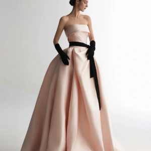 High-end Pink Evening Dress Satin Strapless Sleeveless A-Line Side Slit Silk Ribbon Floor-Length Banquet Wedding Party Prom Gown