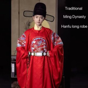 Collectible Dragon Hanfu Men’s Traditional Ming Dynasty Sewed Dark Pattern Round Neck Robe Chinese Style Wedding Bride Costume