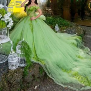 Customized Off Shoulder Sage Green Vestidos De Quinceañera With Big Ball Shining Applique Lace Beading Corset Sweet 16 Dress