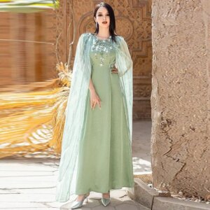 Turkey Women’s Cloak Mint Green Dress Summer Handmade Decorations Embellished Flowy Maxi Arabic Robe