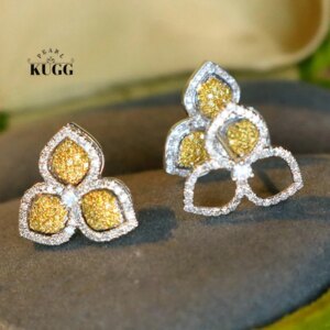 KUGG 100% 18K White Gold Earrings Women Real Natural Yellow Diamond Stud Earrings Fashion Elegant Design High Wedding Jewelry