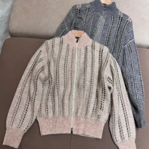 Autumn Women’s Zipper Cardigan Sequin Hollow Out Stand Collar Long Sleeve Casual Ladies Knitted Sweater