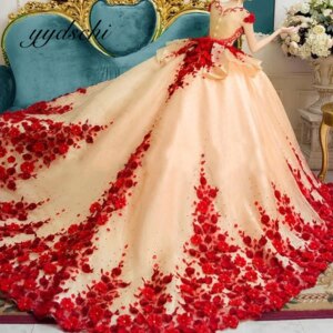 2025 Sweetheart Quinceanera Dresses For 15 Party Princess Court Train Tulle Lace Birthday Party Ball Gown Dress Red Applique