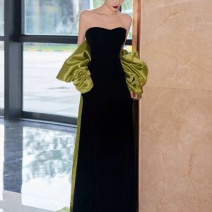 Black Evening Dresses French Style Temperament Off Shoulder Satin Bow Trailing Finish Adult Ceremony Celebrity Gowns Party New