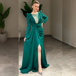 Customized Jersey Beading Pleat Beach Straight O-Neck Bespoke Occasion Gown Long Dresses