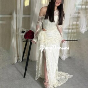 Customized Elegant Party Dresses For Women A-Line Split Strapless Floor-Length Lace Evening Dress Zipper Up Long Sleeves Lining
