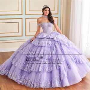 Elegant Seuqin Lace Applique Quinceanera Dress Princess Ball Gowns Sweet 16 Dress Customized Off Shoulder Vestidos De XV 15 Años