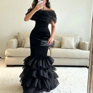 Flechazo Tulle Off the Shoulder Evening Dress with Pleat and Tiered Mermaid Floor Length Short Sleeve Party Customized Gown