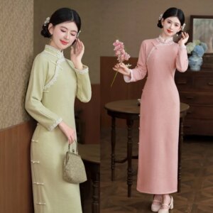 Retro National Style Cashmere-like Long Sleeve Cheongsam Qi Pao Autumn New Young Girl Chinese Ancient Dress