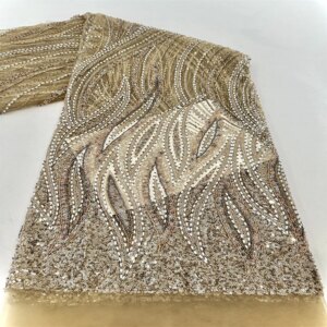 2024 African Mesh Lace Fabric High Quality Beaded Embroidered French Sequined Lace Fabric Nigerian Bride Dress for Sewing