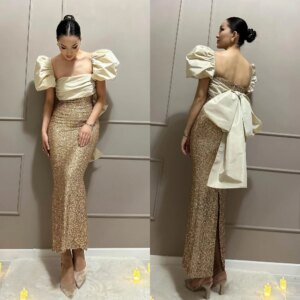 Customized Exquisite Square Mermaid Anke Length Evening es Paillette Chiffon Customized Saudi Arabia es