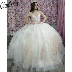 Ivory Champagne 3D Flowers Crystal Quinceanera Dresses Ball Gown Off The Shoulder Sweet 15 Años Mexican Customized