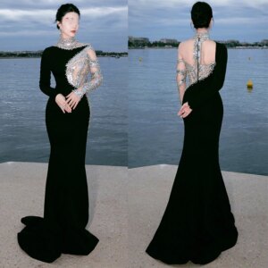 L442 New Black Velvet Long Sleeves Sliver Sequins mermaid فساتين السهرة vestidos de fiesta  فساتين سهره evening dresses