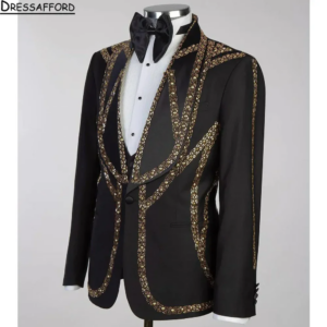 Black Men’s Suits Fashion 2 Pieces Sets Groom Prom Blazers Gold Crystal Beaded Decoration Tuxedos Men