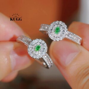 KUGG 100% 18K White Gold Rings Classic Oval Shape Real Natural Green Diamond Engagement Ring for Women High Wedding Jewelry