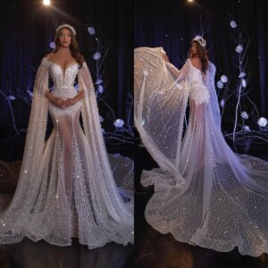 Full Beading Mermaid Wedding Dresses Illusion Off Shoulder Long Sleeve Bride Dress Backless Pearls Beads Bridal Gowns