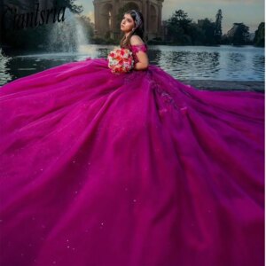 Fuchsia 3D Flowers Appliques Lace Quinceanera Dresses Ball Gown Off The Shoulder Crystal Sweet 15 Birthday Party