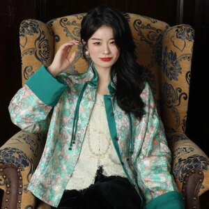 New Chinese coat Song brocade green small elegant temperament top hand disc style women’s wear