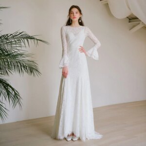 Customized Soft Lace Winter Wedding Dress O Ncek Long Sleeves A Line Sweep Train Bridal Gown Bridal Photoshoot Dress TSWD527
