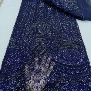 Sapphire African Beaded Lace Fabric High Quality 2025 French Embroidered Groom Sequin Fabric Nigerian Wedding Party Dress