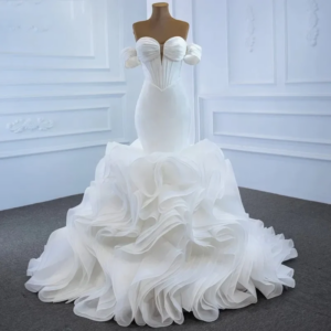 Stylish Satin Organza Ruffles Evening Formal Dresses Womens Mermaid Off The Shoulder Pleats Lace-up Wedding Dress
