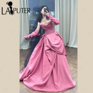 Hot Pink Shiny Satin Evening Dresses Off Shoulder Ruched Long Prom Dress Draped Skirts Woman Formal Dress