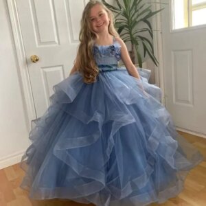 Customized BlueFlower Girl Dress Toddler Girl Princess Dresses for Wedding Party Birthday Pageant Special Occasions Formal Gown