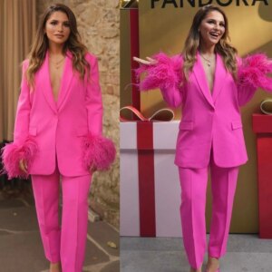 Women Pants Suits 2 Pcs Plus Size Blazer With Feather Sleeves Suits Customized Wedding Guest Formal Wear Evenings Party Outfit