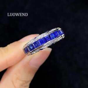 LUOWEND 100% 18K White Gold Rings Shiny Diamond Natural Sapphire Gemstone Ring for Women Luxury Classic Style Fine Jewelry