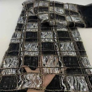 2025 African Latest Luxury Tulle Laces Fabric Sequins Beaded Embroidery Party Dress Mesh Fabrics For Women Design Sewing 5 Yards
