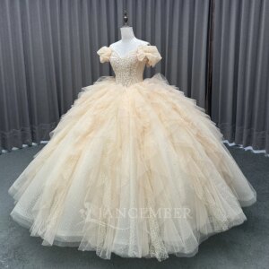 champagne Charro Quinceanera Dresses Ball Gown Sequins Short Sleeves Appliques Sweet 16 Dresses 15 Anos Customized LSMC55