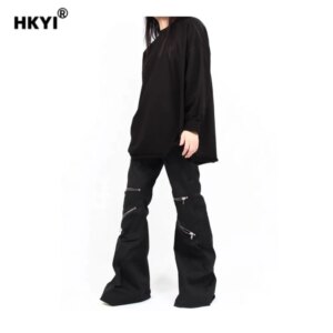 HKYI men’s zipper flared floor length pants, loose stacking casual pants, work pants