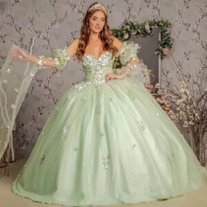 Customized Light Green with Flare Sleeves 15 Quinceanera Ball Gown Off the Shoulder Lace up Court Train Vestido De Graduaction